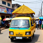 **Image Prompt:** A vibrant street scene in Lagos, Nigeria. A yellow "danfo" minibus is packed with people, a conductor hanging out the door. An "okada" motorcycle weaves through traffic, and a "keke napep" tricycle putters along the side of the road. Street vendors sell suya skewers under colorful umbrellas. The scene is bustling and energetic, capturing the chaotic beauty of Nigerian transportation.