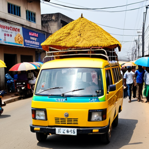 Home 15 **Image Prompt:** A vibrant street scene in Lagos, Nigeria. A yellow "danfo" minibus is packed with people, a conductor hanging out the door. An "okada" motorcycle weaves through traffic, and a "keke napep" tricycle putters along the side of the road. Street vendors sell suya skewers under colorful umbrellas. The scene is bustling and energetic, capturing the chaotic beauty of Nigerian transportation.