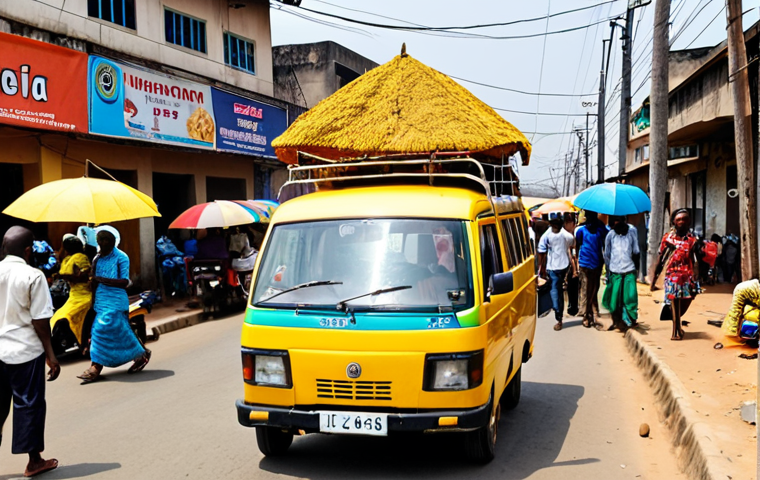 **Image Prompt:** A vibrant street scene in Lagos, Nigeria. A yellow "danfo" minibus is packed with people, a conductor hanging out the door. An "okada" motorcycle weaves through traffic, and a "keke napep" tricycle putters along the side of the road. Street vendors sell suya skewers under colorful umbrellas. The scene is bustling and energetic, capturing the chaotic beauty of Nigerian transportation.