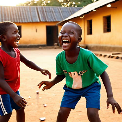 Home 14 **Image Prompt:** A group of Nigerian children laughing and playing *Ten-Ten* in a village square. The scene is bathed in the warm glow of the setting sun, showcasing the vibrant colors of their clothing and the energy of the game. Focus on capturing the joy and community spirit.