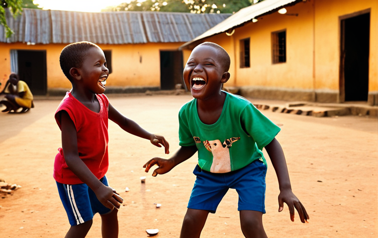 **Image Prompt:** A group of Nigerian children laughing and playing *Ten-Ten* in a village square. The scene is bathed in the warm glow of the setting sun, showcasing the vibrant colors of their clothing and the energy of the game. Focus on capturing the joy and community spirit.