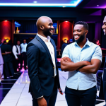 A diverse group of professionals and young adults, fully clothed in elegant smart casual and business professional attire, engaging in lively conversation and enjoying the sophisticated atmosphere within a luxurious Lagos nightclub. The interior features opulent design elements, vibrant but tasteful lighting, modern plush seating, and a sleek bar area. The background is blurred, showing the club's state-of-the-art sound equipment. Professional photography, high resolution, realistic, perfect anatomy, correct proportions, well-formed hands, natural body proportions, natural pose, safe for work, appropriate content, fully clothed, modest clothing, professional dress.