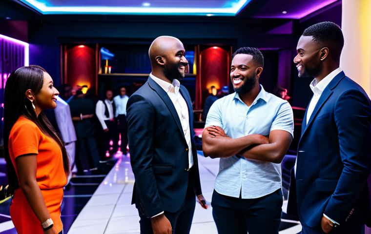 A diverse group of professionals and young adults, fully clothed in elegant smart casual and business professional attire, engaging in lively conversation and enjoying the sophisticated atmosphere within a luxurious Lagos nightclub. The interior features opulent design elements, vibrant but tasteful lighting, modern plush seating, and a sleek bar area. The background is blurred, showing the club's state-of-the-art sound equipment. Professional photography, high resolution, realistic, perfect anatomy, correct proportions, well-formed hands, natural body proportions, natural pose, safe for work, appropriate content, fully clothed, modest clothing, professional dress.