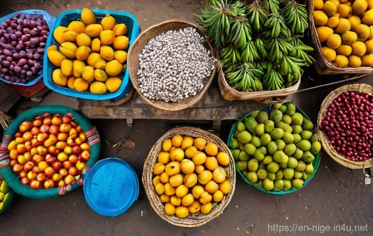 나이지리아에서 자주 먹는 과일 - **Vibrant Nigerian Fruit Market Scene:**
    An overhead shot capturing the bustling energy of a tra...