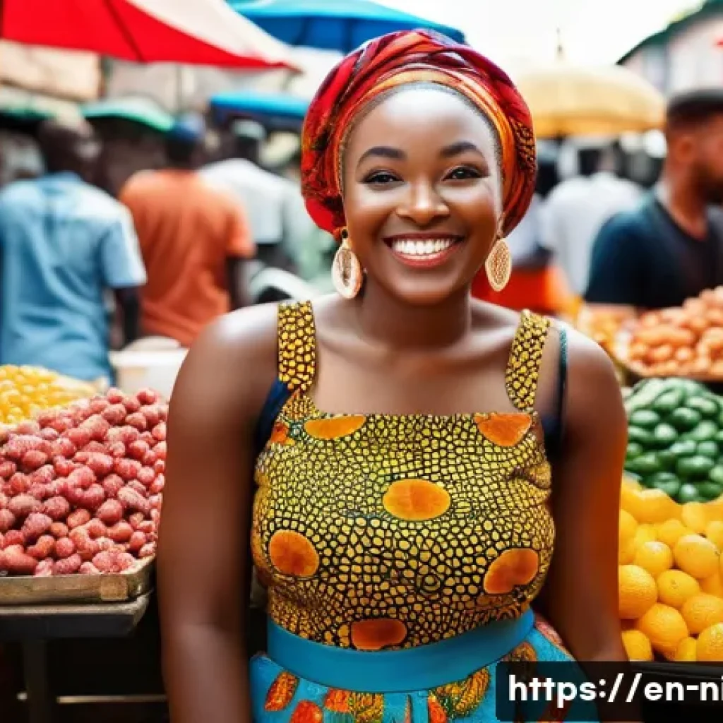 나이지리아 유명 인플루언서 - A cheerful young Nigerian woman, wearing a vibrant, stylish Ankara print top and modest, contemporar...