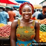나이지리아 유명 인플루언서 - A cheerful young Nigerian woman, wearing a vibrant, stylish Ankara print top and modest, contemporar...