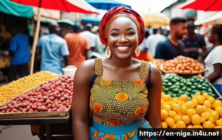 나이지리아 유명 인플루언서 - A cheerful young Nigerian woman, wearing a vibrant, stylish Ankara print top and modest, contemporar...