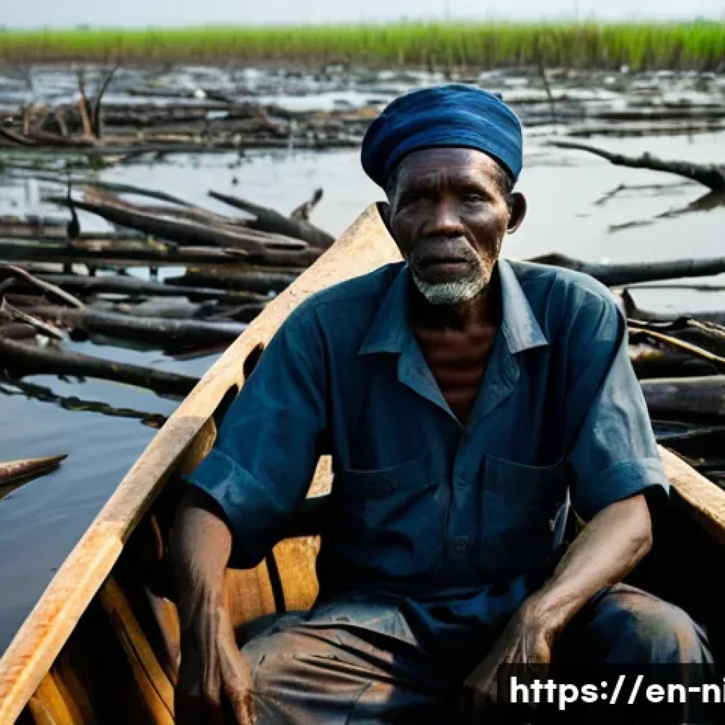 나이지리아의 환경 문제 - **Prompt:** A somber, realistic photo of an elderly Nigerian fisherman, his face etched with worry, ...