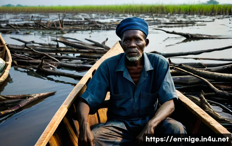 나이지리아의 환경 문제 - **Prompt:** A somber, realistic photo of an elderly Nigerian fisherman, his face etched with worry, ...