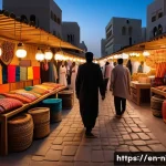 아부자에서 야시장 체험기 - A vibrant night market scene in Abu Dhabi featuring colorful textiles, glowing traditional lanterns,...