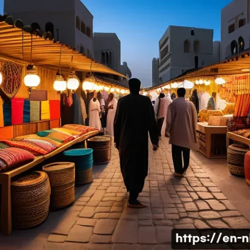 아부자에서 야시장 체험기 - A vibrant night market scene in Abu Dhabi featuring colorful textiles, glowing traditional lanterns,...