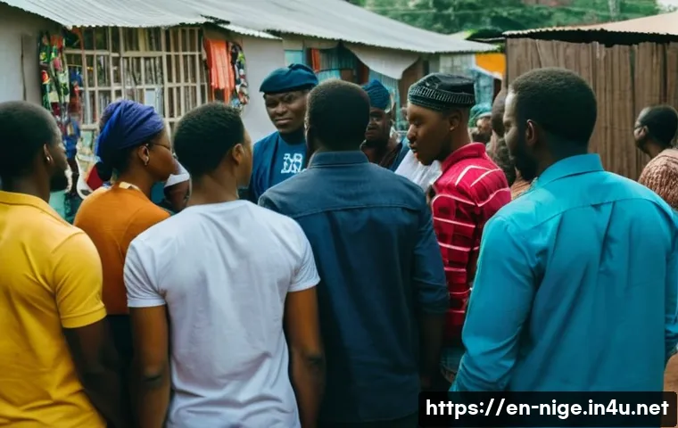나이지리아의 LGBT 인권 현황 - A tense urban street scene in Nigeria at dusk, showing a diverse group of LGBT activists meeting dis...
