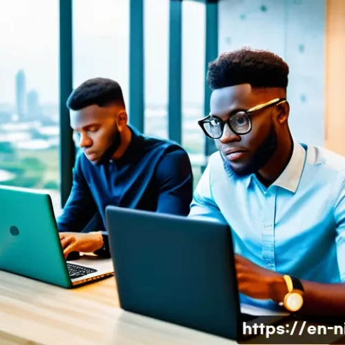 나이지리아 경제 현황 - A vibrant Nigerian technology hub scene in Lagos featuring young African entrepreneurs collaborating...