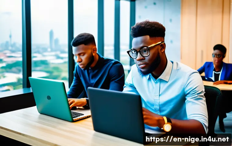 나이지리아 경제 현황 - A vibrant Nigerian technology hub scene in Lagos featuring young African entrepreneurs collaborating...