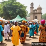 나이지리아에서 인기 있는 신앙 종교 - A vibrant Nigerian religious festival scene featuring a diverse crowd celebrating together outdoors ...