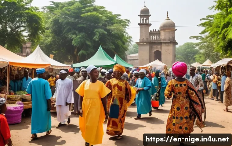 나이지리아에서 인기 있는 신앙 종교 - A vibrant Nigerian religious festival scene featuring a diverse crowd celebrating together outdoors ...