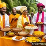 나이지리아에서 유명한 디저트 - A vibrant Nigerian dessert table set outdoors during a festive wedding celebration, featuring an arr...