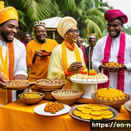 나이지리아에서 유명한 디저트 - A vibrant Nigerian dessert table set outdoors during a festive wedding celebration, featuring an arr...