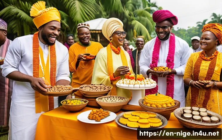 나이지리아에서 유명한 디저트 - A vibrant Nigerian dessert table set outdoors during a festive wedding celebration, featuring an arr...