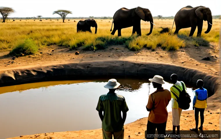 야랑고 국립공원 여행기 - Photorealistic travel scene in Yankari National Park, Nigeria, a small group of adult visitors in mo...