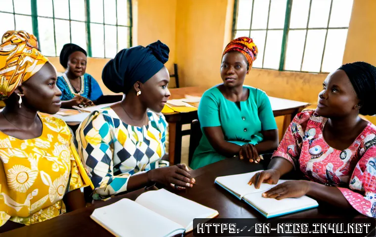 Home 17 나이지리아의 여성 인권 운동 - Photorealistic documentary-style scene of Nigerian women’s rights advocates in a bright community me...