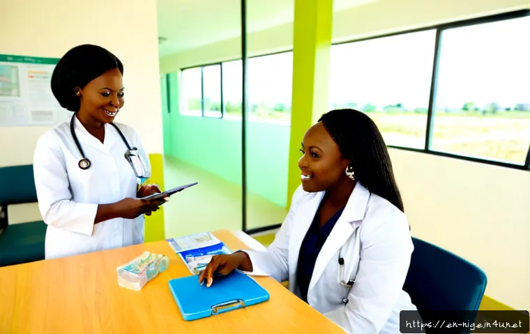 나이지리아에서 의료 서비스 이용하기 - Photorealistic wide-angle scene inside a clean modern community clinic in Lagos, Nigeria, showing a ...